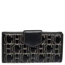 Pre Owned Carolina Herrera Black Monogram Embossed Patent Leather Flap Continental Wallet