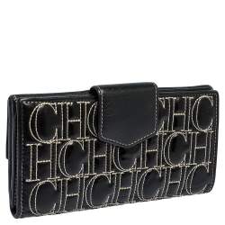 Pre Owned Carolina Herrera Black Monogram Embossed Patent Leather Flap Continental Wallet