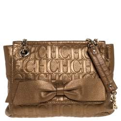 Pre Owned Carolina Herrera Gold Monogram Leather Audrey Shoulder Bag