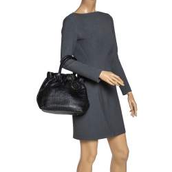 Pre Owned Carolina Herrera Black Monogram Leather Bucket Bag