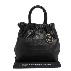 Pre Owned Carolina Herrera Black Monogram Leather Bucket Bag