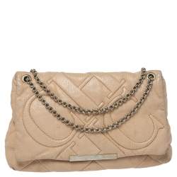 Pre Owned Carolina Herrera Beige Leather Flap Chain Shoulder Bag