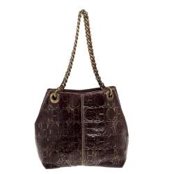 Pre Owned Carolina Herrera Brown/Gold Monogram Leather Chain Shoulder Bag