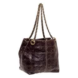 Pre Owned Carolina Herrera Brown/Gold Monogram Leather Chain Shoulder Bag