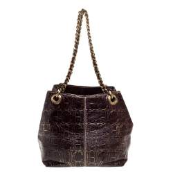 Pre Owned Carolina Herrera Brown/Gold Monogram Leather Chain Shoulder Bag
