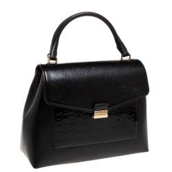 Pre Owned Carolina Herrera Black Monogram Patent Leather Push Lock Top Handle Bag