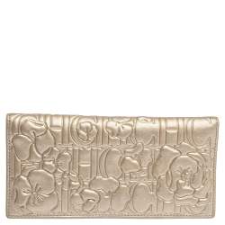 Pre Owned Carolina Herrera Metallic Gold Floral Embossed Leather Bifold Continental Wallet