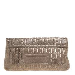 Pre Owned Carolina Herrera Gold Monogram Leather Bow Chain Clutch