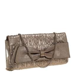 Pre Owned Carolina Herrera Gold Monogram Leather Bow Chain Clutch