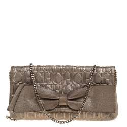 Pre Owned Carolina Herrera Gold Monogram Leather Bow Chain Clutch