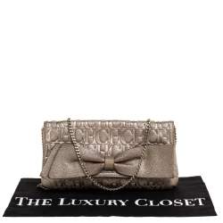 Pre Owned Carolina Herrera Gold Monogram Leather Bow Chain Clutch