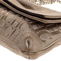 Pre Owned Carolina Herrera Gold Monogram Leather Bow Chain Clutch