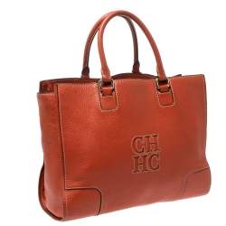 Pre Owned Carolina Herrera Orange Leather Shopper Tote