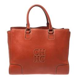Pre Owned Carolina Herrera Orange Leather Shopper Tote
