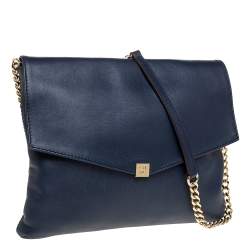 Pre Owned Carolina Herrera Navy Blue Leather Envelope Shoulder Bag