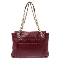 Pre Owned Carolina Herrera Burgundy Monogram Leather Audrey Shoulder Bag