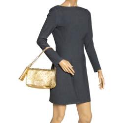 Pre Owned Carolina Herrera Metallic Gold Leather Embellished Shoulder Bag