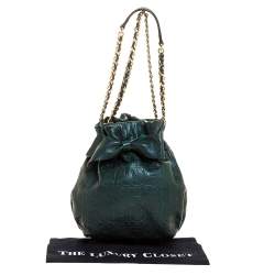 Pre Owned Carolina Herrera Dark Green Monogram Embossed Leather Bow Bucket Shoulder Bag