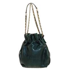 Pre Owned Carolina Herrera Dark Green Monogram Embossed Leather Bow Bucket Shoulder Bag