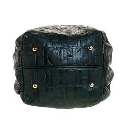 Pre Owned Carolina Herrera Dark Green Monogram Embossed Leather Bow Bucket Shoulder Bag