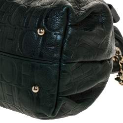 Pre Owned Carolina Herrera Dark Green Monogram Embossed Leather Bow Bucket Shoulder Bag