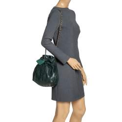 Pre Owned Carolina Herrera Dark Green Monogram Embossed Leather Bow Bucket Shoulder Bag