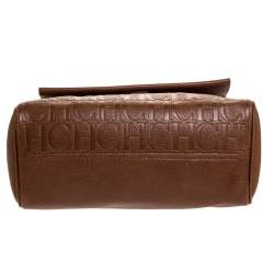 Pre Owned Carolina Herrera Brown Embossed Leather Minuetto Flap Top Handle Bag