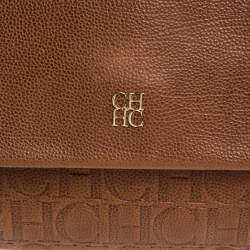 Pre Owned Carolina Herrera Brown Embossed Leather Minuetto Flap Top Handle Bag