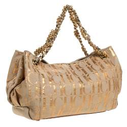 Pre Owned Carolina Herrera Beige/Rose Gold Signature Print Leather Pearl Embellished Handle Tote