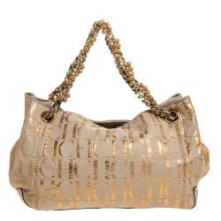 Pre Owned Carolina Herrera Beige/Rose Gold Signature Print Leather Pearl Embellished Handle Tote