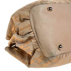Pre Owned Carolina Herrera Beige/Rose Gold Signature Print Leather Pearl Embellished Handle Tote
