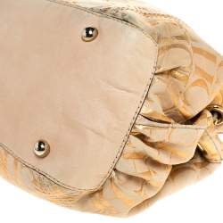 Pre Owned Carolina Herrera Beige/Rose Gold Signature Print Leather Pearl Embellished Handle Tote