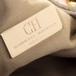 Pre Owned Carolina Herrera Beige/Rose Gold Signature Print Leather Pearl Embellished Handle Tote