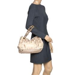 Pre Owned Carolina Herrera Beige/Rose Gold Signature Print Leather Pearl Embellished Handle Tote