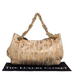 Pre Owned Carolina Herrera Beige/Rose Gold Signature Print Leather Pearl Embellished Handle Tote