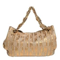 Pre Owned Carolina Herrera Beige/Rose Gold Signature Print Leather Pearl Embellished Handle Tote