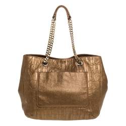 Pre Owned Carolina Herrera Gold Monogram Leather Audrey Tote 