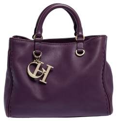 Pre Owned Carolina Herrera Purple Leather Charm Tote