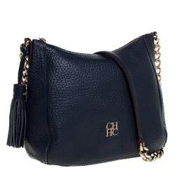 Pre Owned Carolina Herrera Navy Blue Pebbled Leather Maria Shoulder Bag