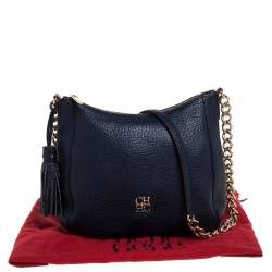 Pre Owned Carolina Herrera Navy Blue Pebbled Leather Maria Shoulder Bag