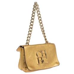 Pre Owned Carolina Herrera Metallic Gold Leather Flap Chain Bag