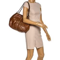 Pre Owned Carolina Herrera Brown/Gold Monogram Leather Chain Tote