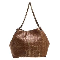 Pre Owned Carolina Herrera Brown/Gold Monogram Leather Chain Tote
