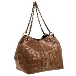 Pre Owned Carolina Herrera Brown/Gold Monogram Leather Chain Tote
