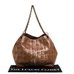 Pre Owned Carolina Herrera Brown/Gold Monogram Leather Chain Tote