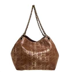 Pre Owned Carolina Herrera Brown/Gold Monogram Leather Chain Tote
