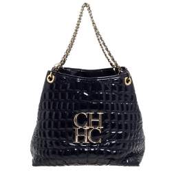 Pre Owned Carolina Herrera Purple Croc Embossed Patent Leather Tote