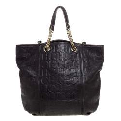 Pre Owned Carolina Herrera Dark Brown Monogram Leather Tassel Tote