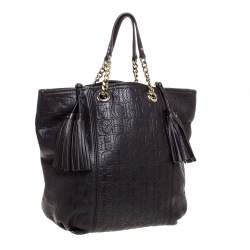 Pre Owned Carolina Herrera Dark Brown Monogram Leather Tassel Tote