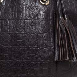 Pre Owned Carolina Herrera Dark Brown Monogram Leather Tassel Tote